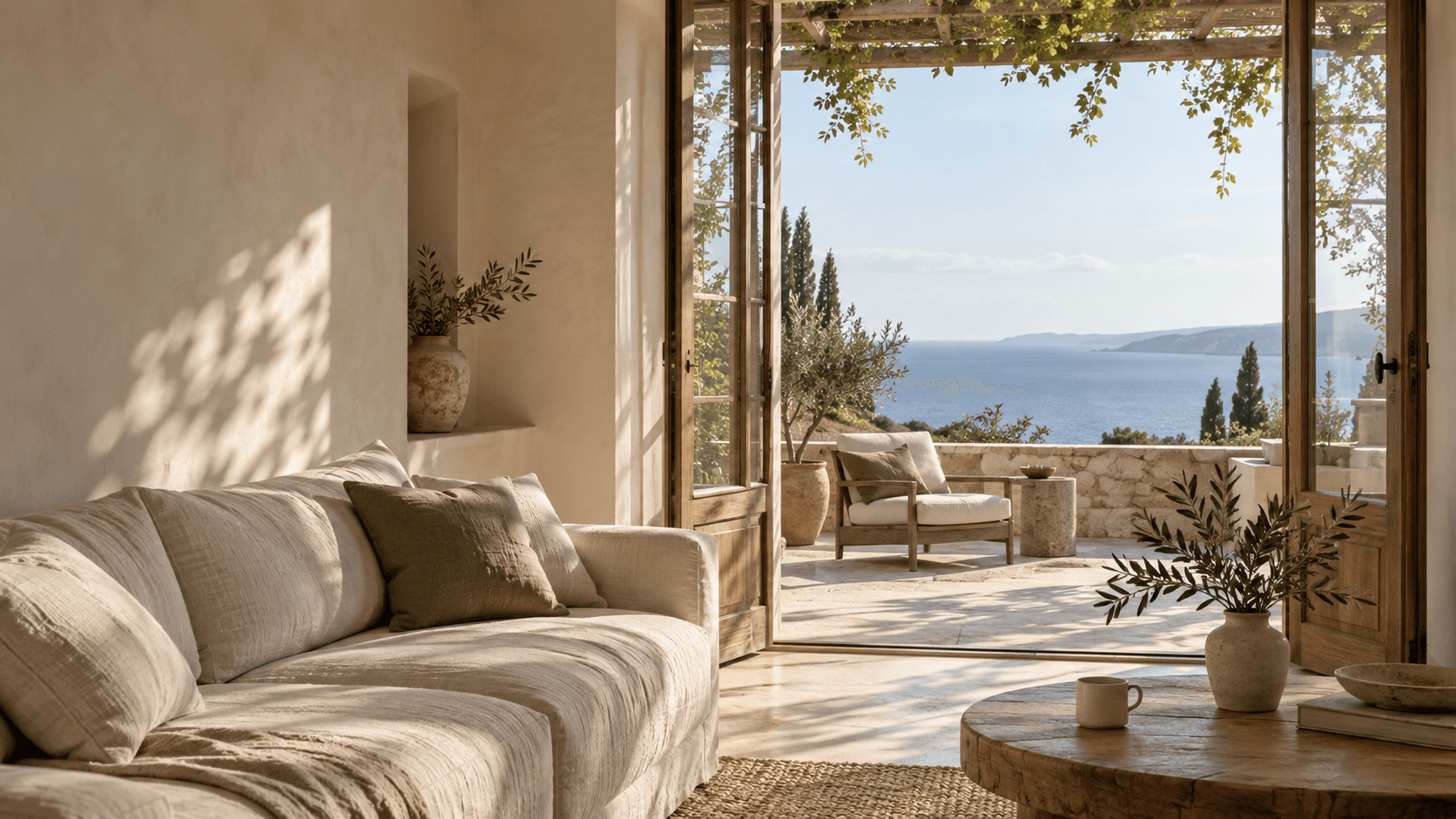 Konzeptbild eines mediterranen Wohnzimmers mit Meerblick